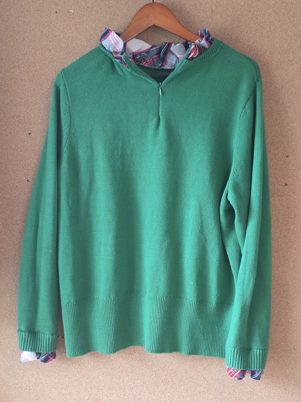 Crown & Ivy Green Layered Look Plaid Ruffle Quarter Zip Sweater 3X Holiday